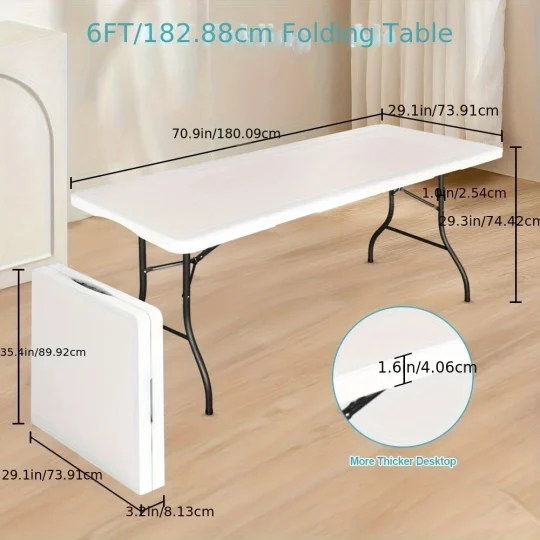 Folding Table 6 Foot Rectangle Fold-in-Half Table, Indoor/Outdoor Essential, White, 70.9" x 29.1"